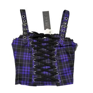WIDOW DOLLS KILL Sz Small Purple Black Plaid Corset Crop Top w/ Eyelet & Lacing